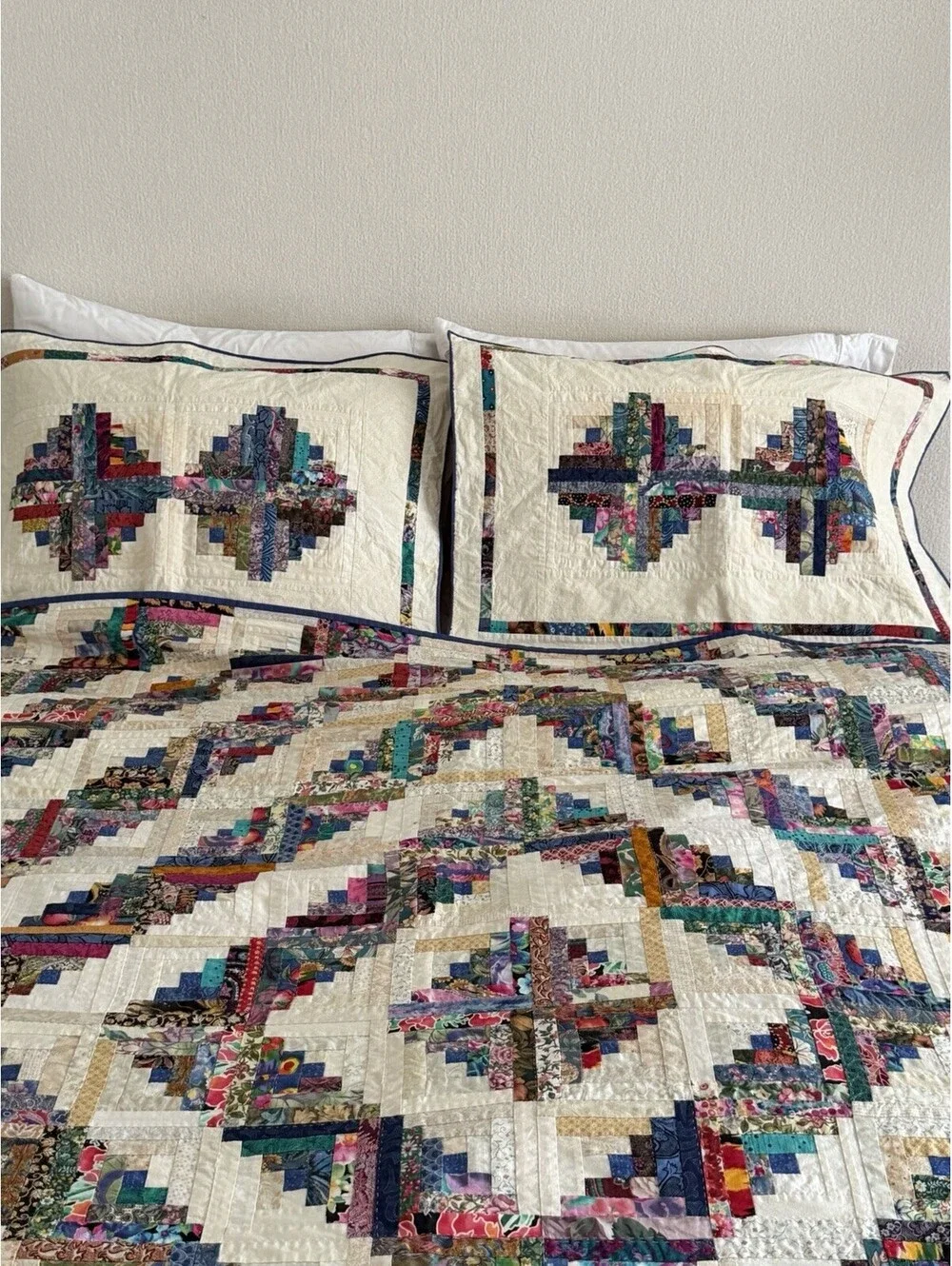 King 3pc Vintage Log Cabin Quilt Set Hand Quilted Scrappy Patchwork Shams 98x98